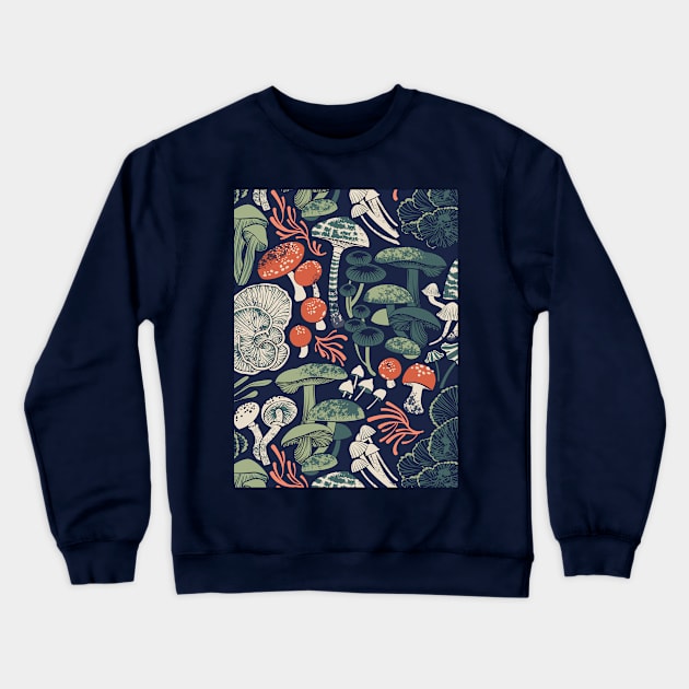 Mystical fungi // midnight blue background sage and forest green and orange wild mushrooms Crewneck Sweatshirt by SelmaCardoso